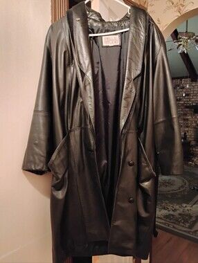 Black Leather Women's Long Coat - Classic Single-Breasted Jacket